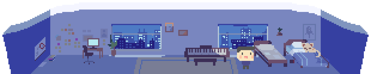 Animated pixel art living space with evening lighting